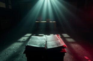 Stack of sealed legal documents with official seals sit on an abandoned judgment table in a dimly lit empty courtroom