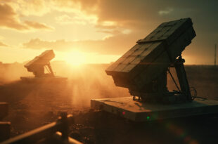 Patriot missile defense system positioned on alert at an empty military installation as dawn breaks over the horizon