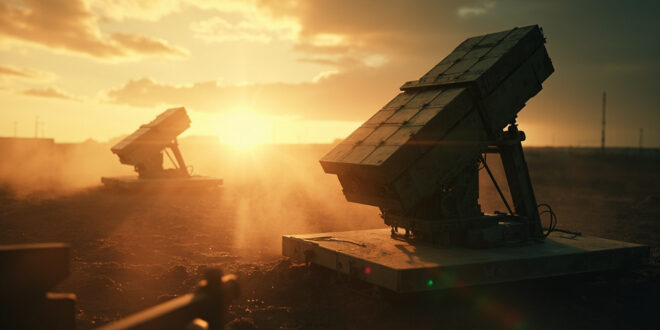 Patriot missile defense system positioned on alert at an empty military installation as dawn breaks over the horizon