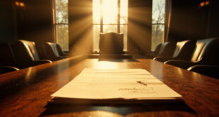Empty Federal Reserve chair at conference table with abandoned nomination papers in sunlit boardroom