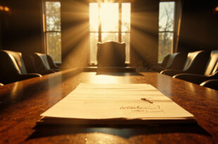 Empty Federal Reserve chair at conference table with abandoned nomination papers in sunlit boardroom