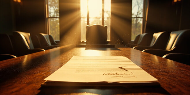 Empty Federal Reserve chair at conference table with abandoned nomination papers in sunlit boardroom