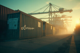 Empty cargo ship docked at abandoned international port at dawn, with closed shipping containers bearing tariff notices
