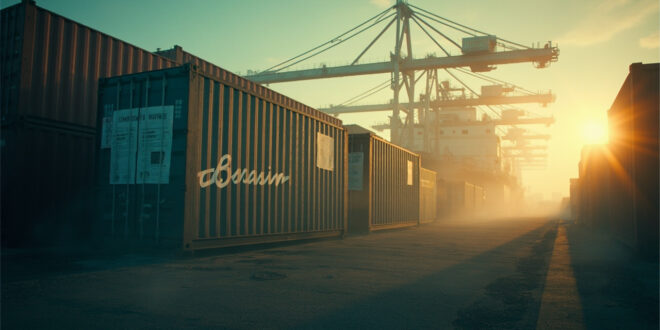 Empty cargo ship docked at abandoned international port at dawn, with closed shipping containers bearing tariff notices