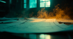 Declassified government documents with classification stamps scattered across wooden desk in abandoned office at twilight
