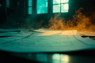 Declassified government documents with classification stamps scattered across wooden desk in abandoned office at twilight