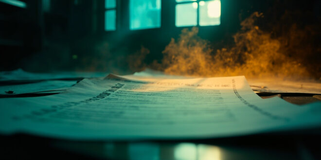 Declassified government documents with classification stamps scattered across wooden desk in abandoned office at twilight