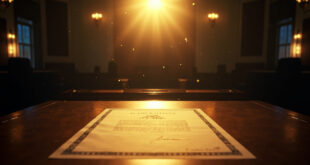 Official tax legislation document with presidential seal on mahogany desk in vacant congressional chamber