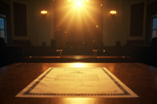 Official tax legislation document with presidential seal on mahogany desk in vacant congressional chamber