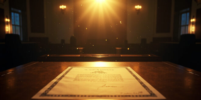 Official tax legislation document with presidential seal on mahogany desk in vacant congressional chamber