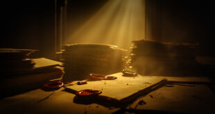 Declassified government files with broken red wax seals scattered across wooden desk in dimly lit archive vault