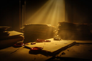 Declassified government files with broken red wax seals scattered across wooden desk in dimly lit archive vault