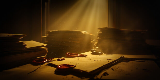 Declassified government files with broken red wax seals scattered across wooden desk in dimly lit archive vault