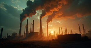 Industrial smokestacks releasing emissions into atmosphere over abandoned factories at dusk, silhouetted against gray sky