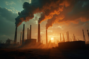 Industrial smokestacks releasing emissions into atmosphere over abandoned factories at dusk, silhouetted against gray sky