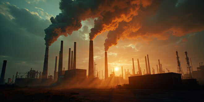Industrial smokestacks releasing emissions into atmosphere over abandoned factories at dusk, silhouetted against gray sky