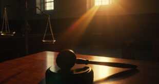 Empty courtroom at dawn with judge's gavel on bench and abandoned scales of justice, symbolizing criminal sentencing.