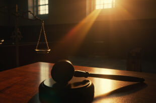 Empty courtroom at dawn with judge's gavel on bench and abandoned scales of justice, symbolizing criminal sentencing.