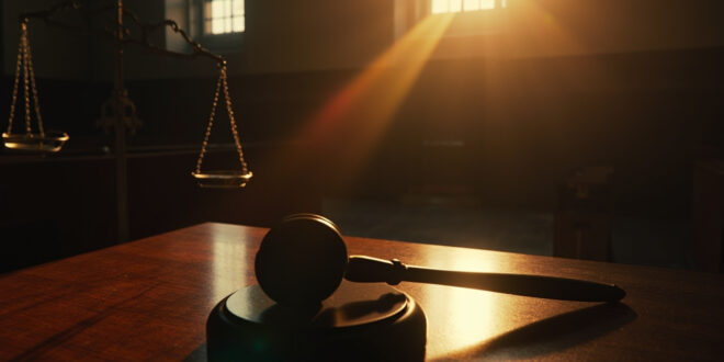 Empty courtroom at dawn with judge's gavel on bench and abandoned scales of justice, symbolizing criminal sentencing.