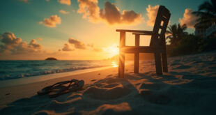 Empty beach chair faces the ocean at dawn with abandoned flip-flops nearby at a deserted tropical resort