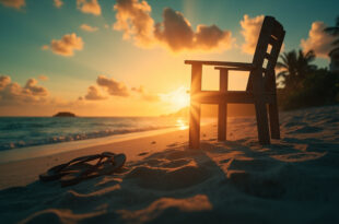 Empty beach chair faces the ocean at dawn with abandoned flip-flops nearby at a deserted tropical resort
