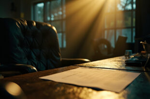 Empty executive office with abandoned desk and unsigned contract, illuminated by after-hours lighting