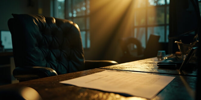 Empty executive office with abandoned desk and unsigned contract, illuminated by after-hours lighting