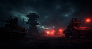 Abandoned missile defense radar tower silhouetted against dawn sky at empty military installation