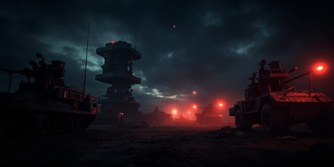 Abandoned missile defense radar tower silhouetted against dawn sky at empty military installation