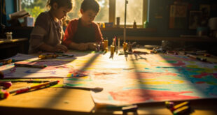Colorful children's drawings transformed into artistic collage on wooden table in bright art studio with natural lighting