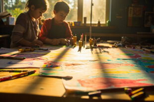 Colorful children's drawings transformed into artistic collage on wooden table in bright art studio with natural lighting