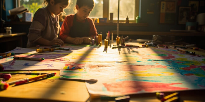 Colorful children's drawings transformed into artistic collage on wooden table in bright art studio with natural lighting
