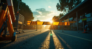 Empty metal security barriers with yellow and black warning signs blocking access to deserted cycling race finish line