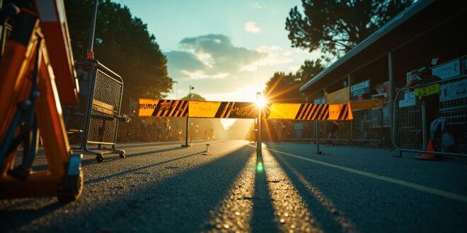 Empty metal security barriers with yellow and black warning signs blocking access to deserted cycling race finish line