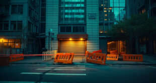 Abandoned security barriers surround locked entrance of empty high-rise tower on deserted Manhattan street