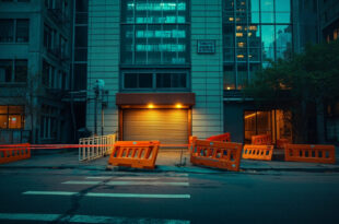 Abandoned security barriers surround locked entrance of empty high-rise tower on deserted Manhattan street
