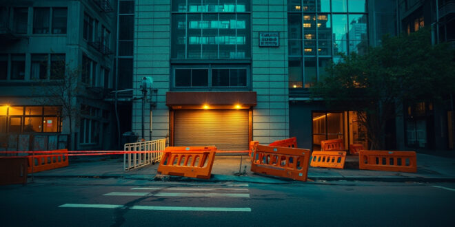 Abandoned security barriers surround locked entrance of empty high-rise tower on deserted Manhattan street