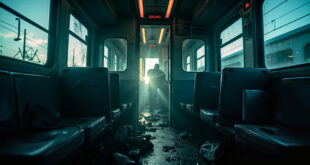 Abandoned ICE train compartment with open doors, showing scattered personal belongings on vacant seats after security incident