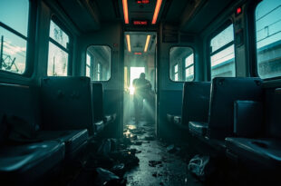 Abandoned ICE train compartment with open doors, showing scattered personal belongings on vacant seats after security incident