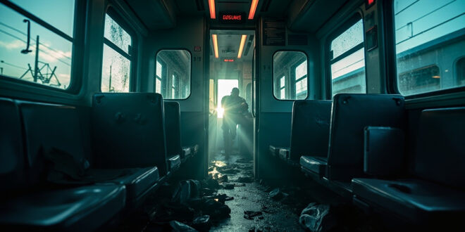Abandoned ICE train compartment with open doors, showing scattered personal belongings on vacant seats after security incident