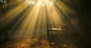 Abandoned wooden feeding platform in empty elephant habitat at dawn, highlighting endangered species conservation