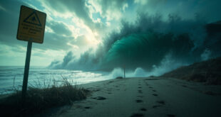 Massive tsunami wave approaches deserted Pacific Northwest coastline with abandoned warning signs during stormy conditions