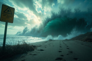 Massive tsunami wave approaches deserted Pacific Northwest coastline with abandoned warning signs during stormy conditions