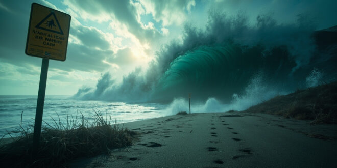 Massive tsunami wave approaches deserted Pacific Northwest coastline with abandoned warning signs during stormy conditions