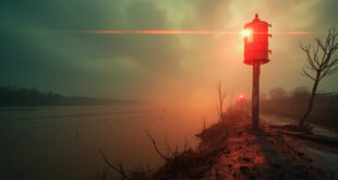 Emergency warning siren mounted on tall pole above murky floodwaters in abandoned riverside area