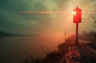 Emergency warning siren mounted on tall pole above murky floodwaters in abandoned riverside area