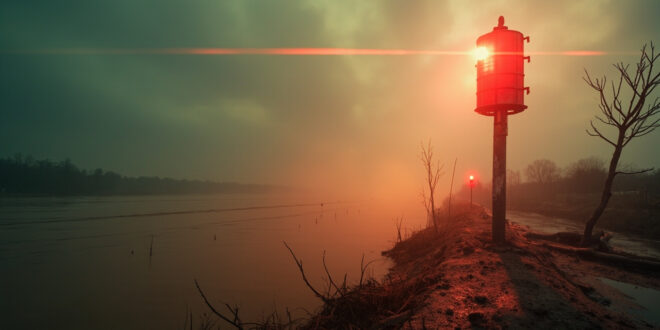 Emergency warning siren mounted on tall pole above murky floodwaters in abandoned riverside area