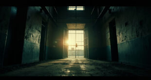 Empty prison cell with open door and barred window in abandoned prison facility at dawn, unlocked gate standing open