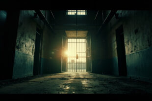 Empty prison cell with open door and barred window in abandoned prison facility at dawn, unlocked gate standing open