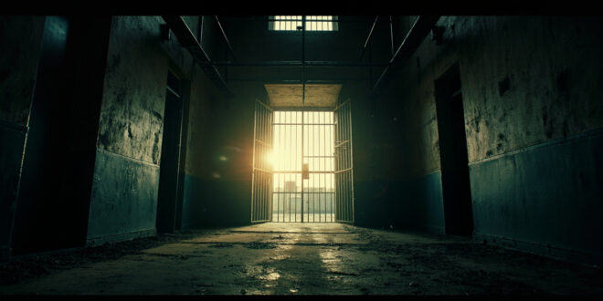 Empty prison cell with open door and barred window in abandoned prison facility at dawn, unlocked gate standing open